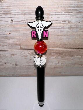 STYLUS PEN - RN Caduceus Nurse Beaded - Black with Pink and Red Accents
